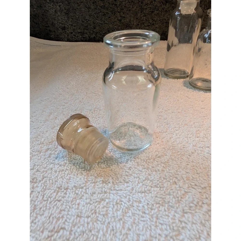 6 Vintage Clear Glass Apothecary Spice Jars/Bottles w/Stoppers Wagner Japan